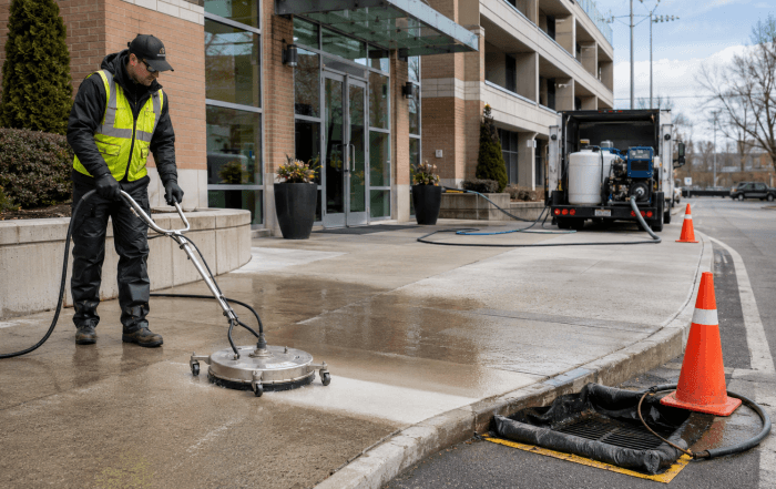 cleaning sidewalk outside building