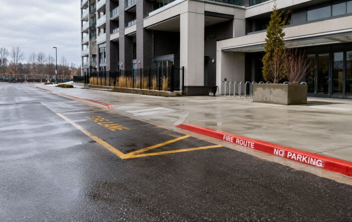 commercial parking lot in Ontario with freshly painted red fire