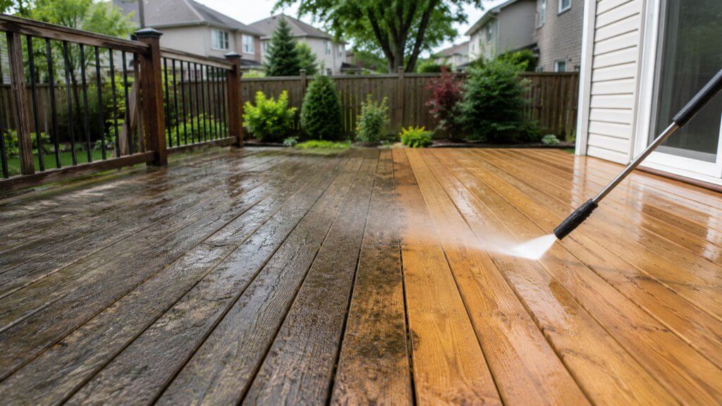 Deck-cleaning-before-after1 Professional deck cleaning service in Toronto using pressure washing on a residential wood deck