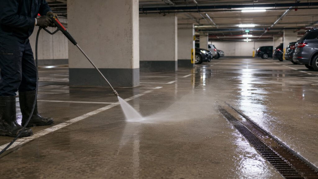 Underground garage cleaning service in Toronto for a commercial parking area