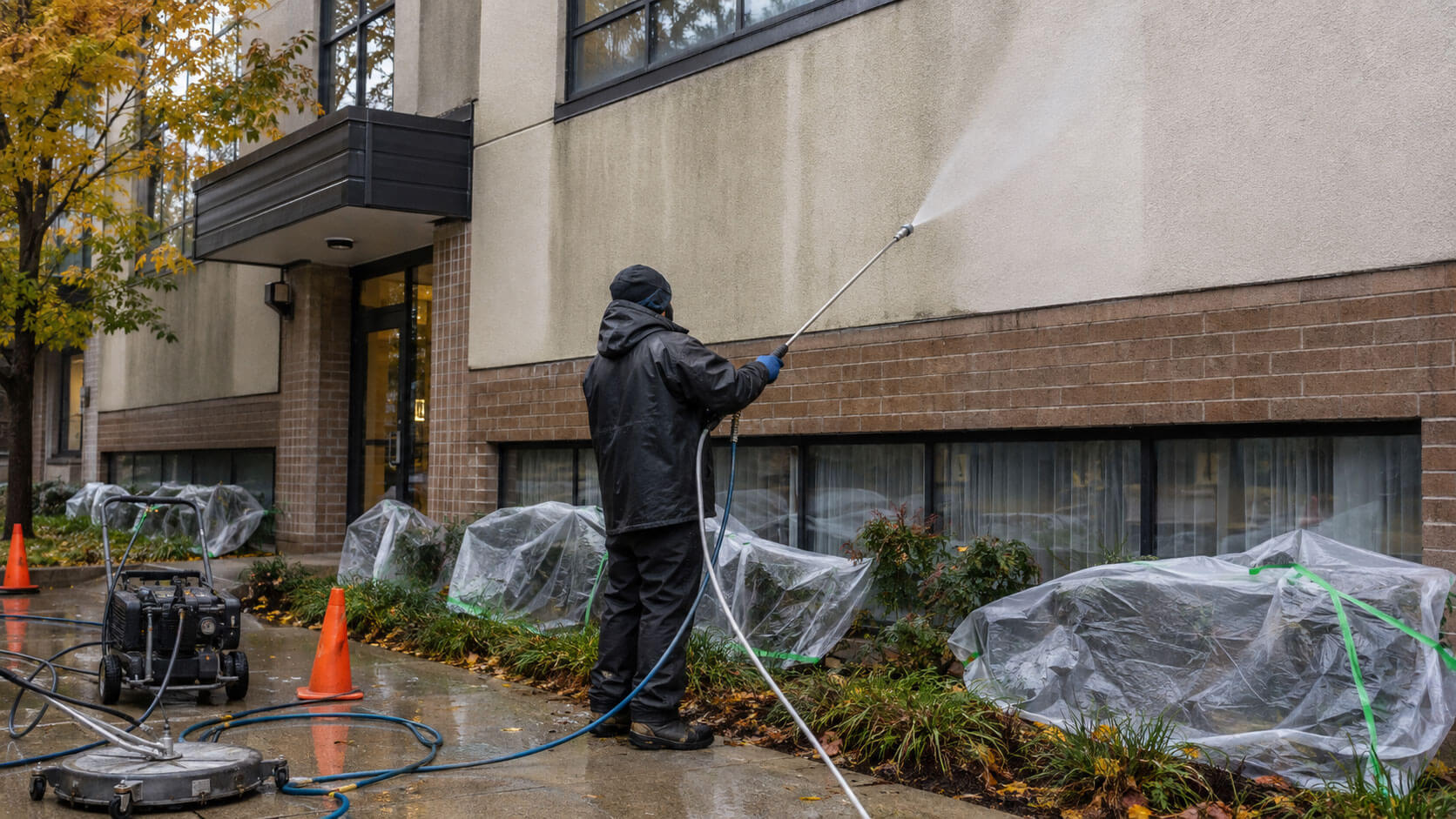 A technician uses a low-pressure soft-wash system to clean a stained building exterior in Toronto.