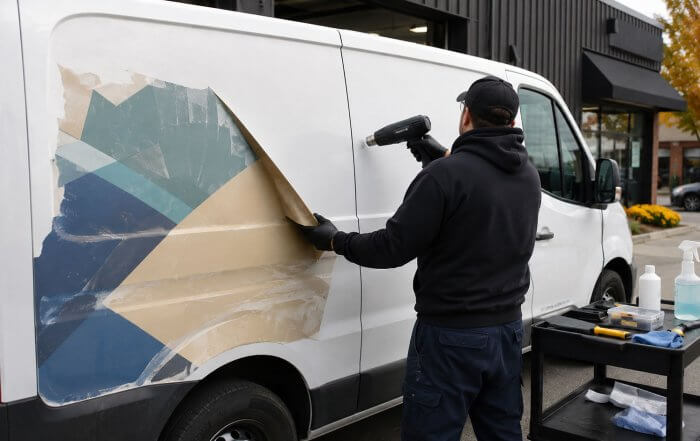 Technician removing an old vinyl decal from a white commercial van in Toronto.