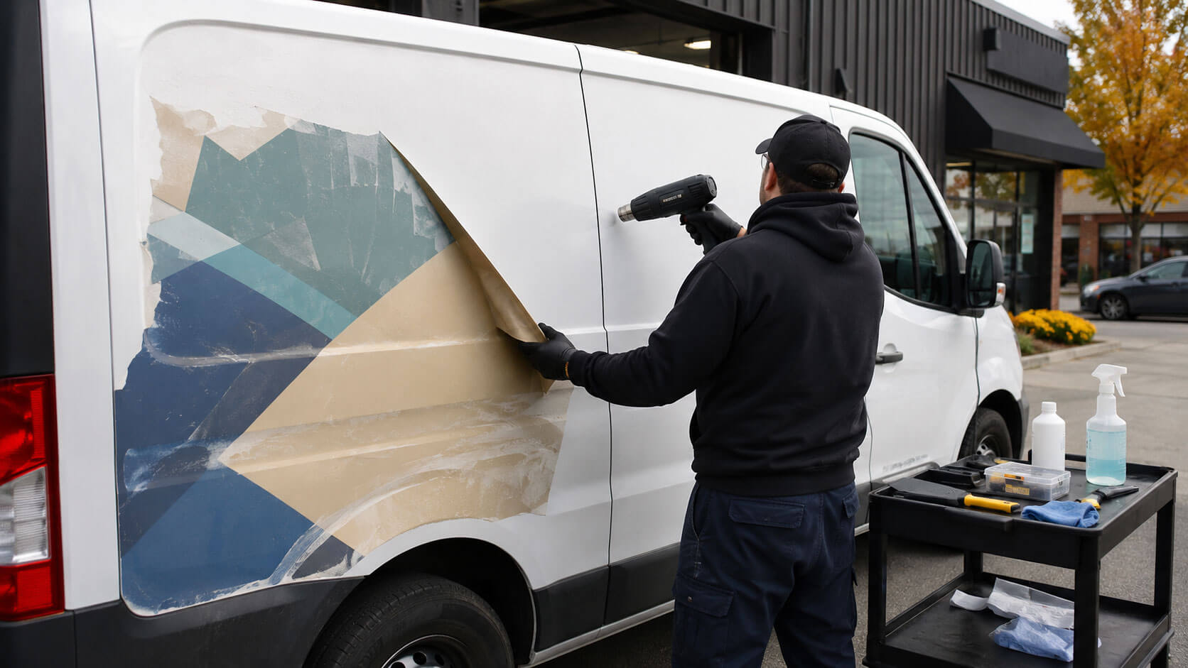Technician removing an old vinyl decal from a white commercial van in Toronto.