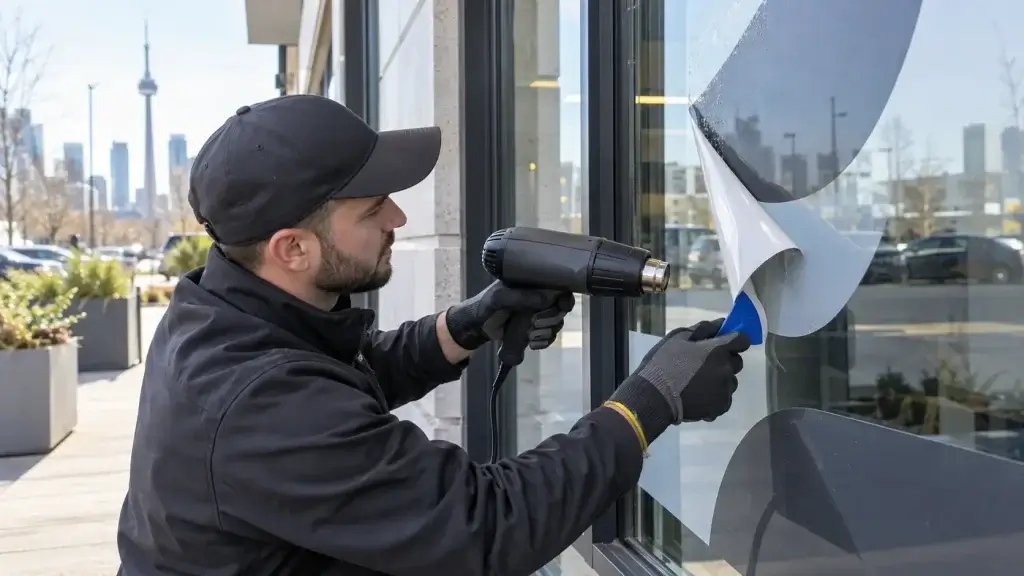 Professional decal removal from a commercial window in Toronto